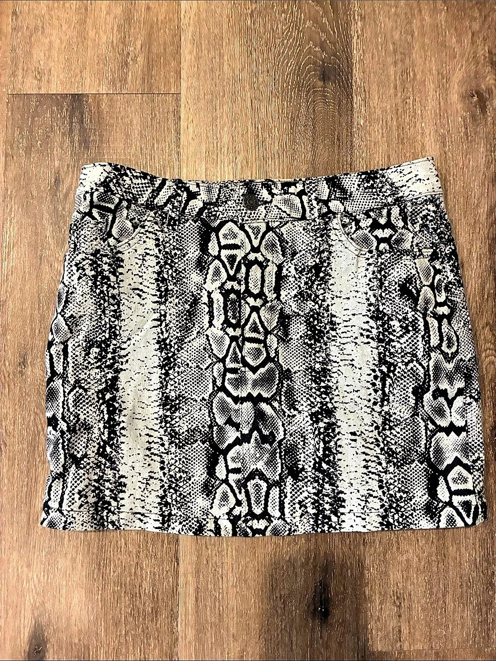 Motel Snake Print Denim Mini Skirt Black & White Medium